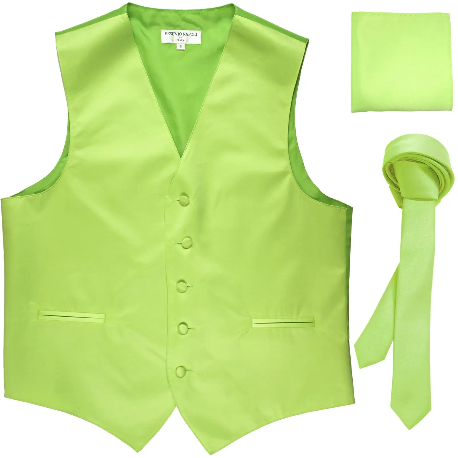 New Men's formal vest Tuxedo Waistcoat_1.5" necktie & hankie set wedding lime green