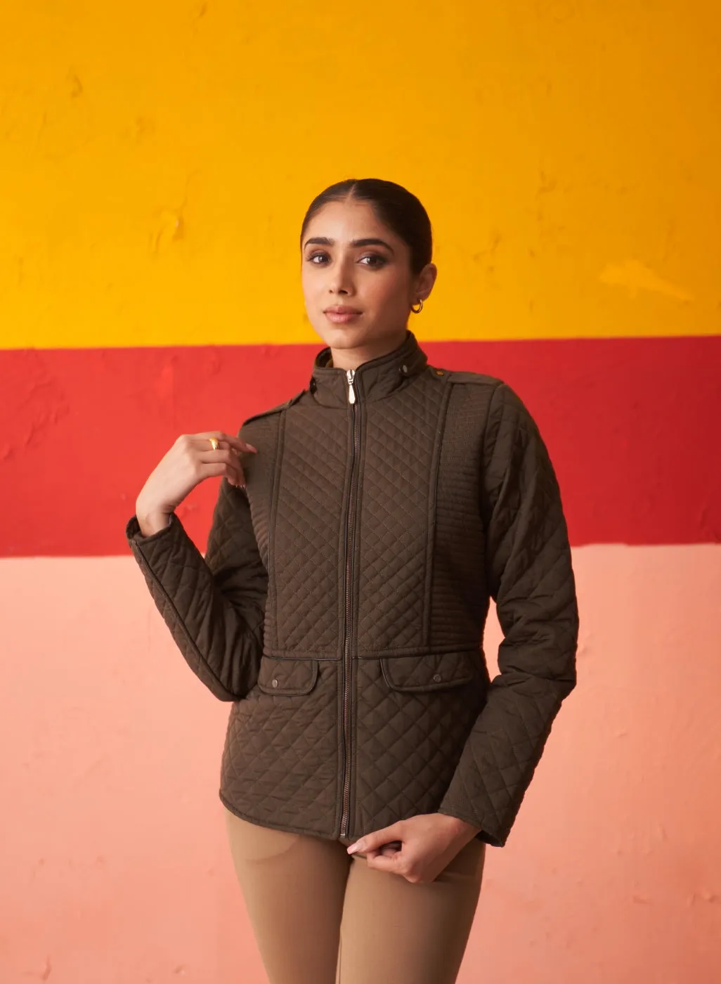 Olive High-neck Quilted Jacket for Women