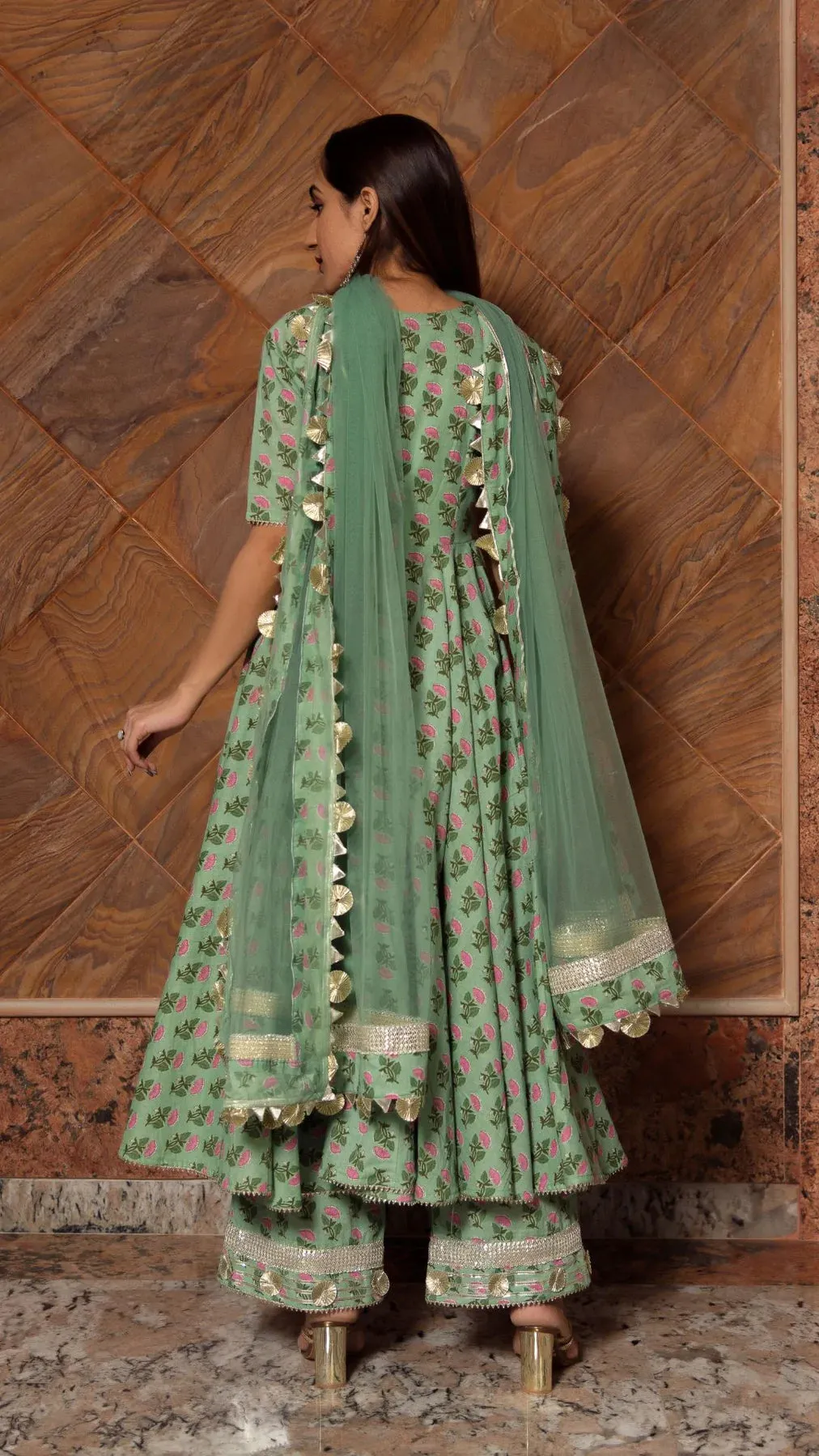 Paisley Cotton Green Floral Print Anarkali Set with Soft Net Dupatta