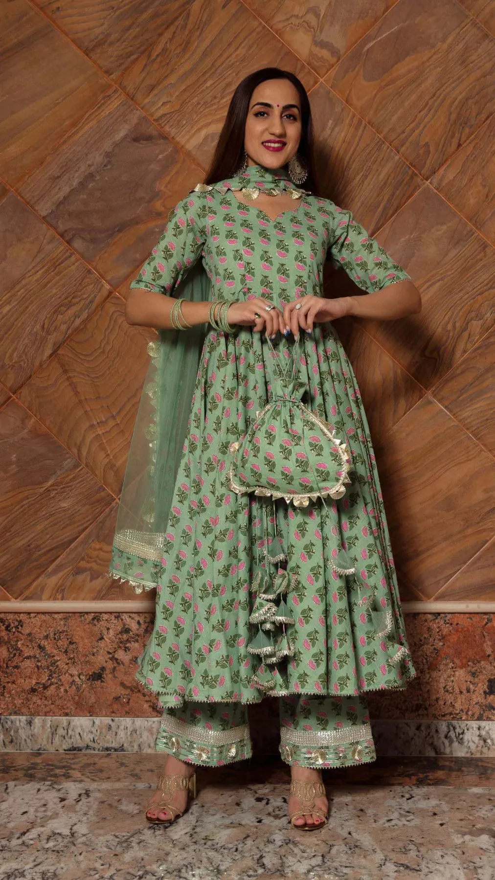 Paisley Cotton Green Floral Print Anarkali Set with Soft Net Dupatta