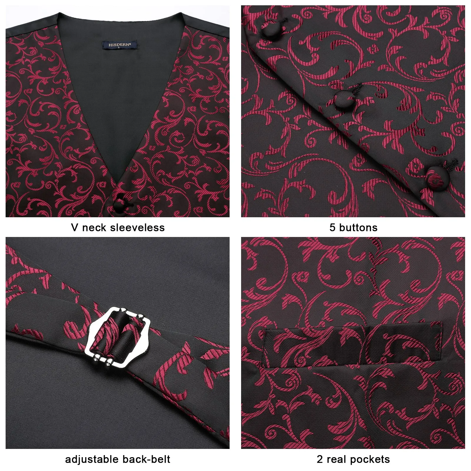 Paisley Floral 3pc Suit Vest Set - BURGUNDY/BLACK/N