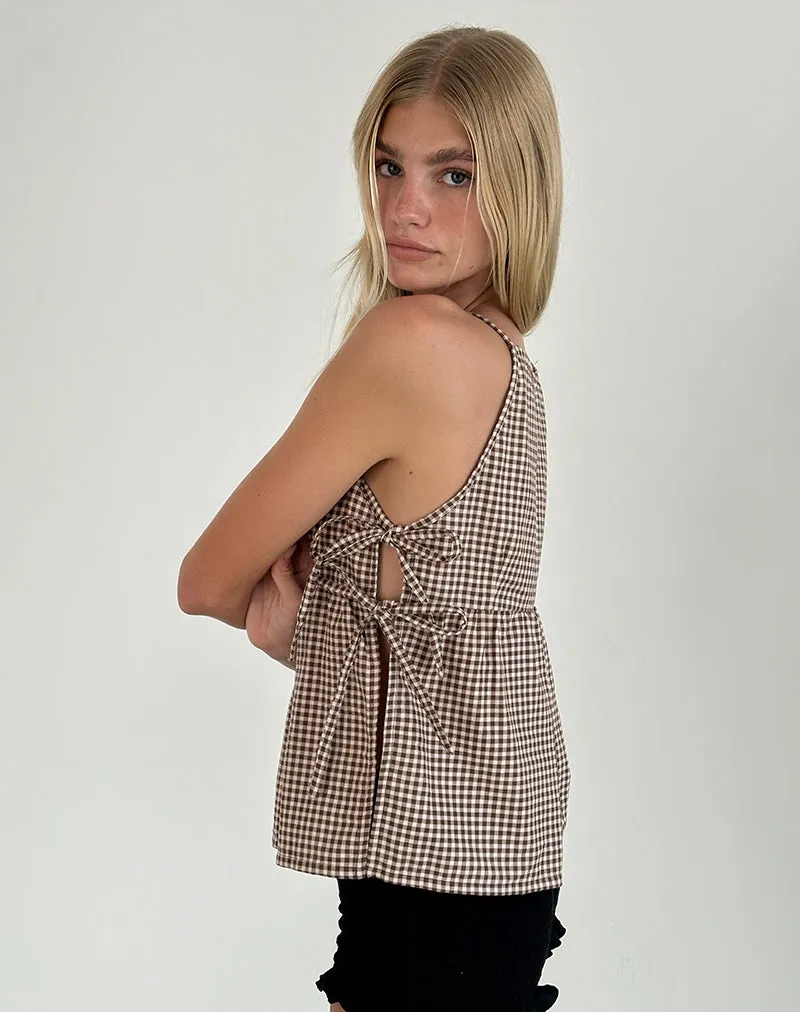 Palsi Tie Side Sleeveless Top in Brown Mini Gingham