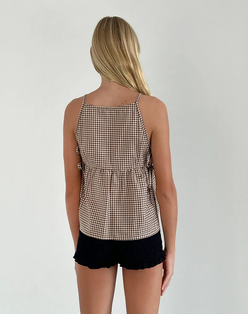 Palsi Tie Side Sleeveless Top in Brown Mini Gingham