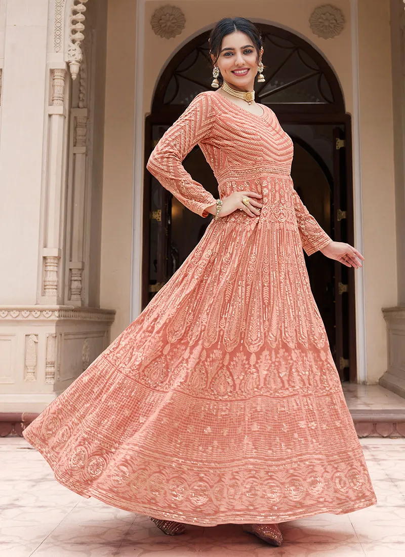 Pastel Orange Sequence Embroidery Anarkali Gown