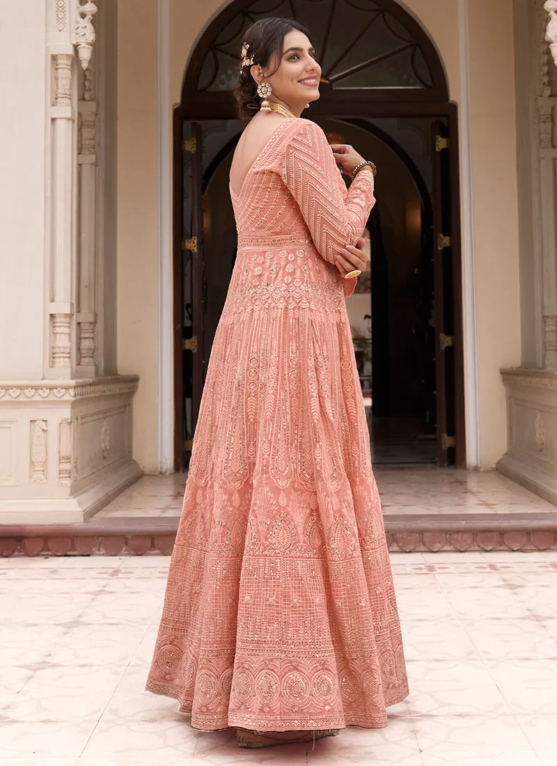 Pastel Orange Sequence Embroidery Anarkali Gown