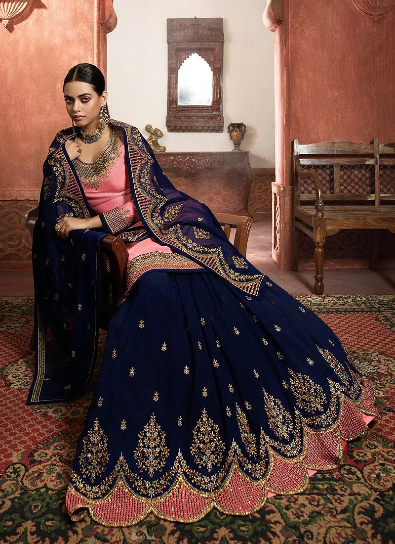 Pink And Blue Lehenga/Pant Suit