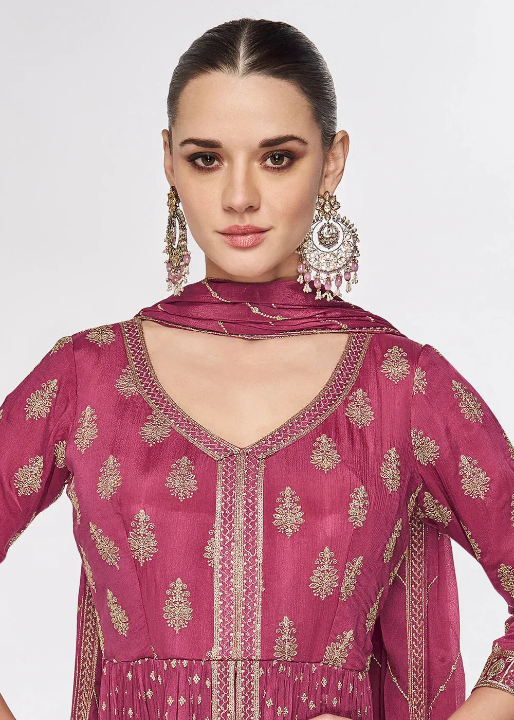 Pink Chinon Silk Embroidered Suit Set with Dupatta