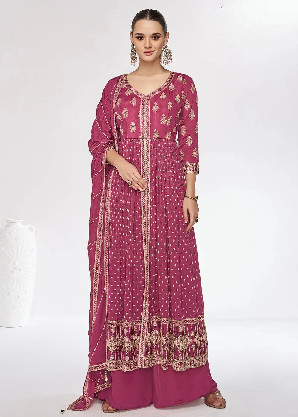 Pink Chinon Silk Embroidered Suit Set with Dupatta