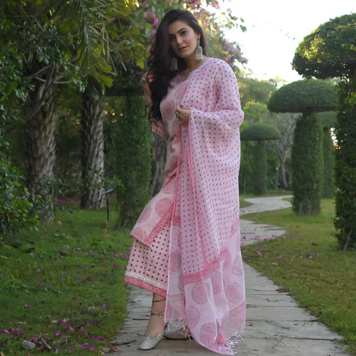 Pink Cotton Printed Straight Shape Suit Set with Chanderi Cotton Dupatta