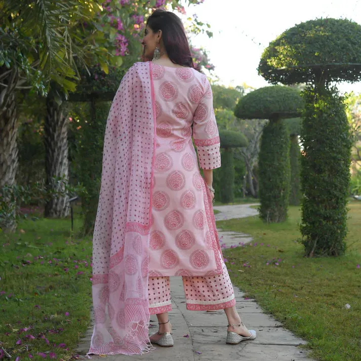 Pink Cotton Printed Straight Shape Suit Set with Chanderi Cotton Dupatta