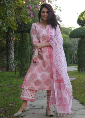 Pink Cotton Printed Straight Shape Suit Set with Chanderi Cotton Dupatta