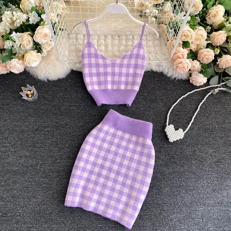 Plaid Knitted Cardigan&Vest&Bustier 3Pcs