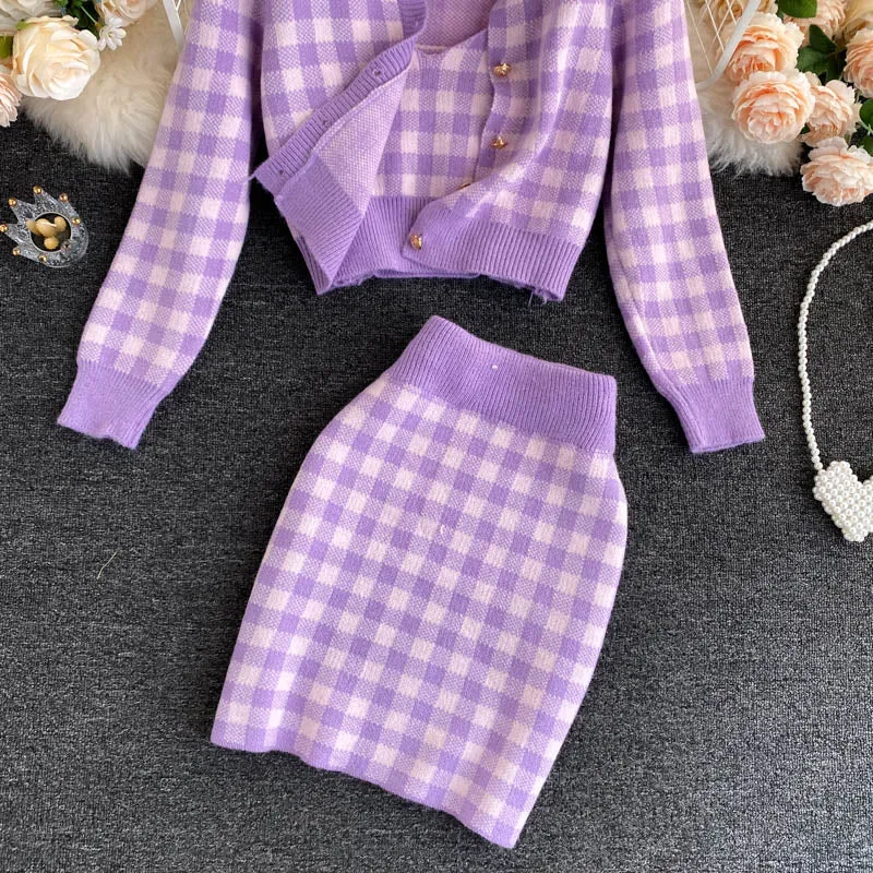 Plaid Knitted Cardigan&Vest&Bustier 3Pcs