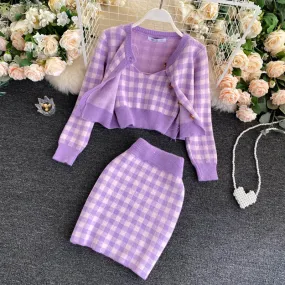 Plaid Knitted Cardigan&Vest&Bustier 3Pcs