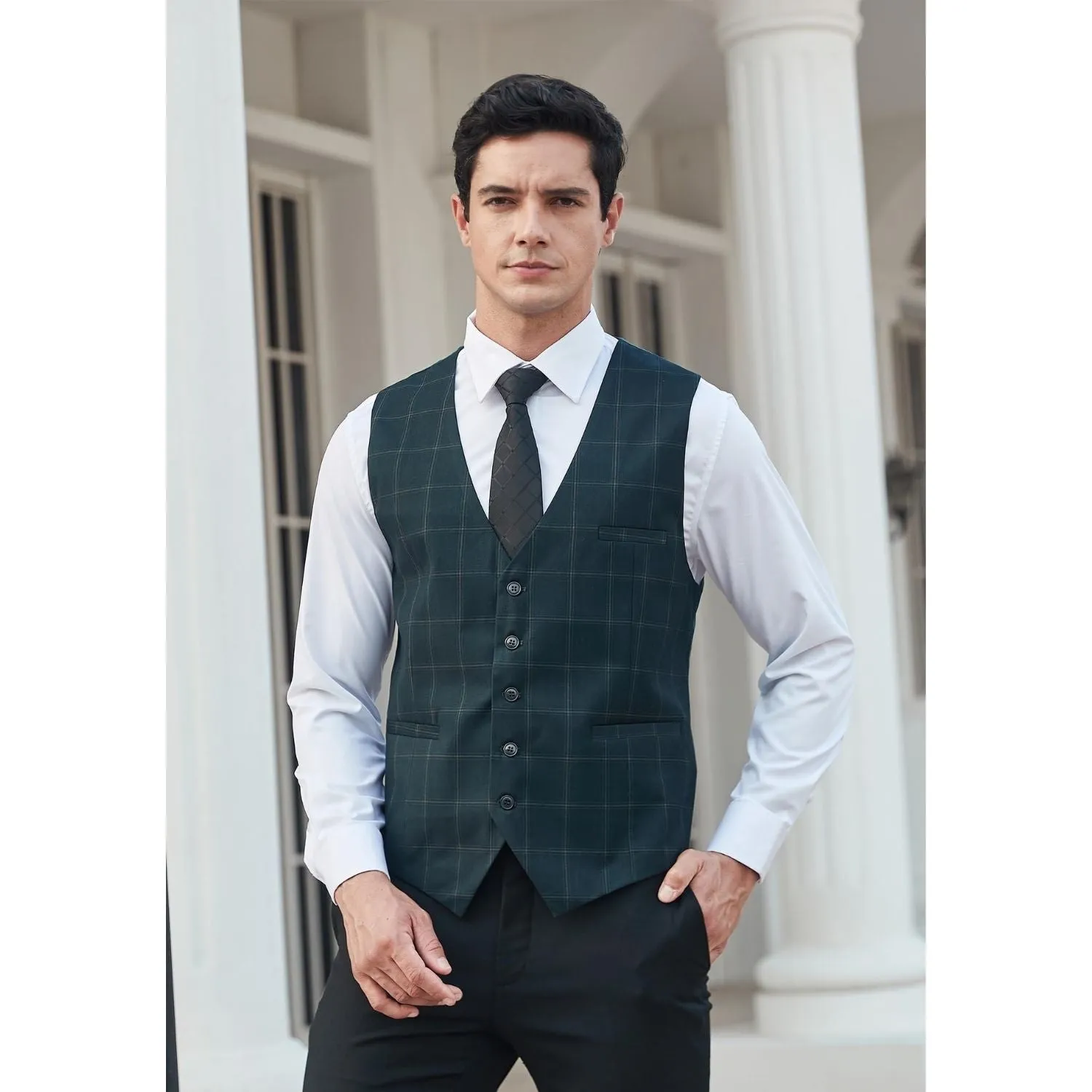 Plaid Slim Suit Vest - GREEN-6