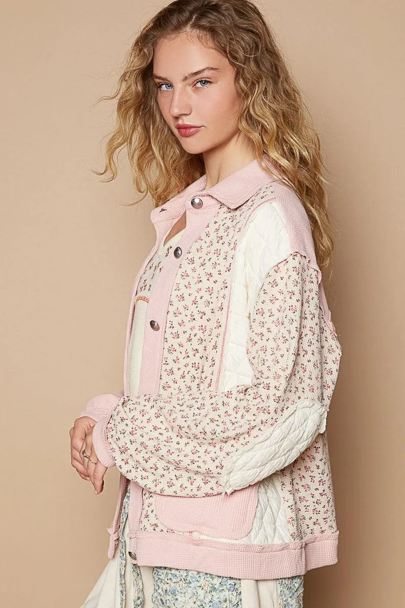 POL Floral Quilted Jacket Women Exposed Seam Button Up Long Sleeve