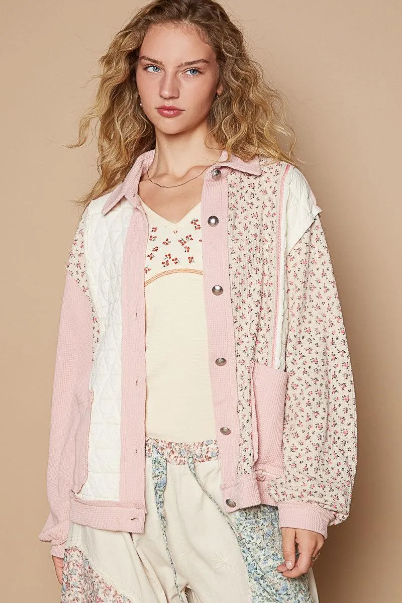 POL Floral Quilted Jacket Women Exposed Seam Button Up Long Sleeve