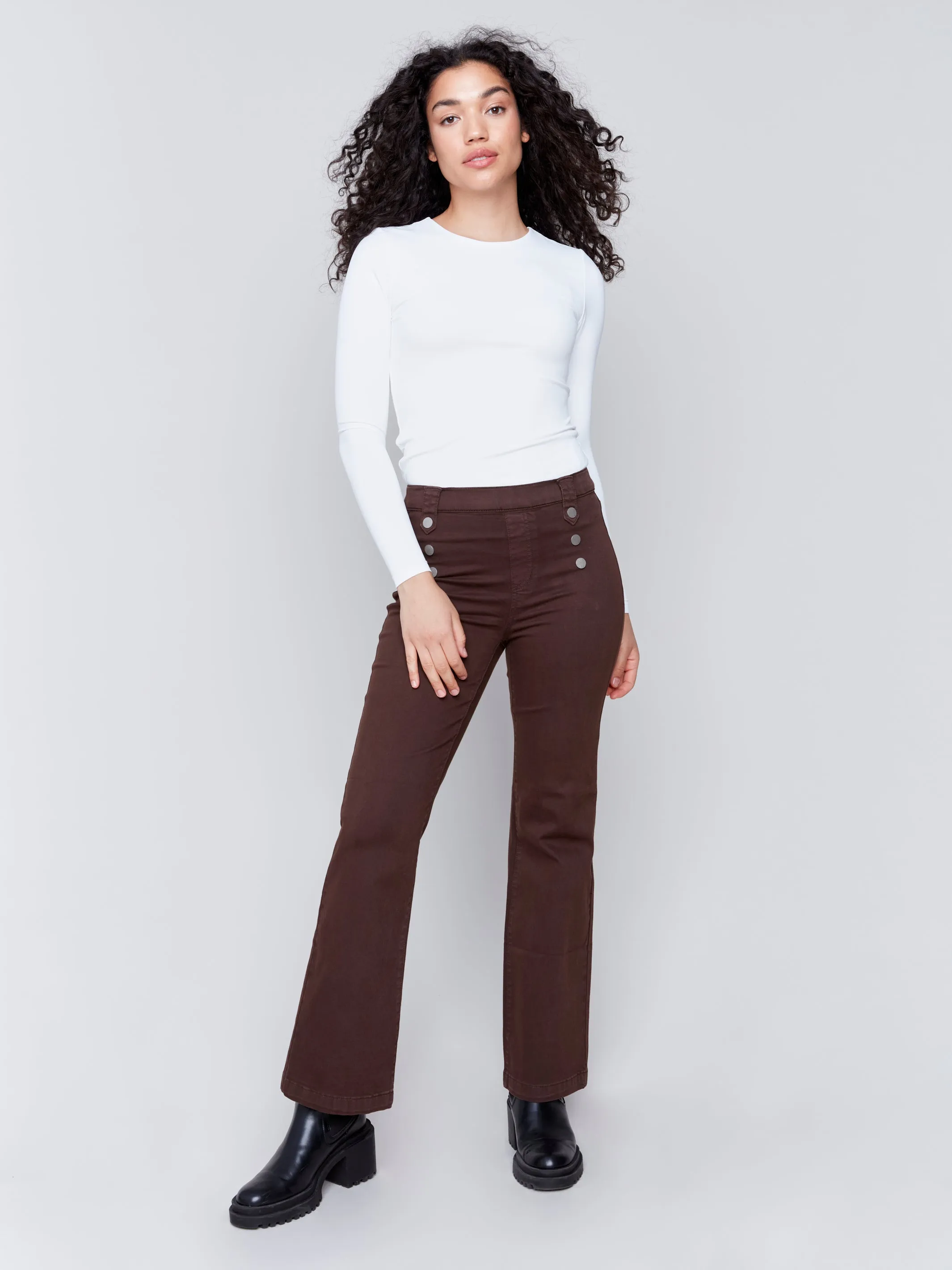 Pull-On Flare Twill Pants with Front Buttons