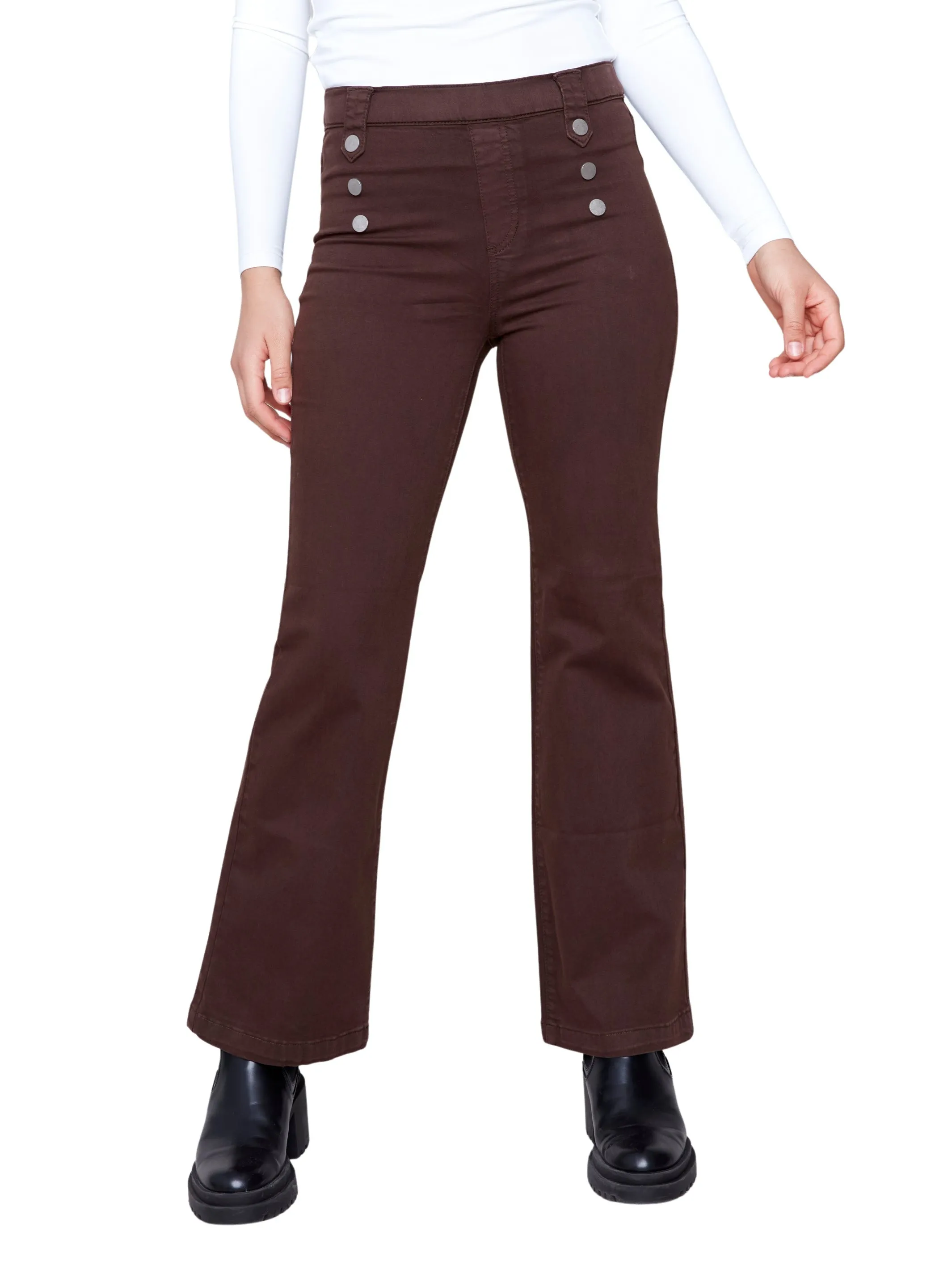 Pull-On Flare Twill Pants with Front Buttons