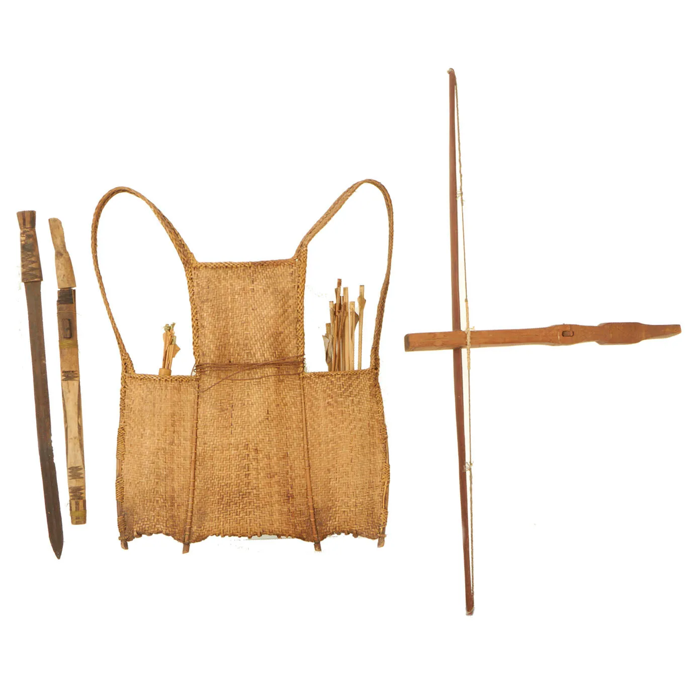 Rare Vietnam War Bringback Hmong Tribesman Crossbow, Arrows, Hunting Vest and Short swords.