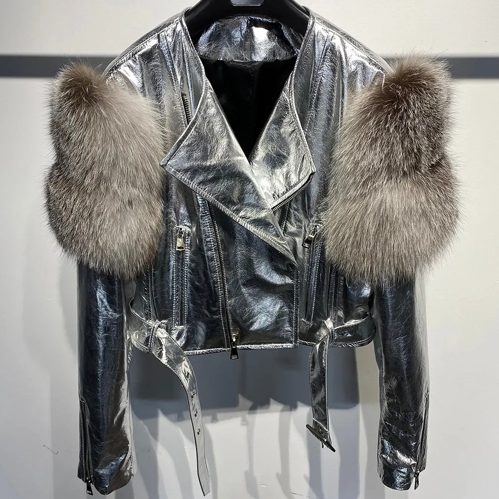 Real Sheep Leather Jacket with Fur Sleeve Lambskin