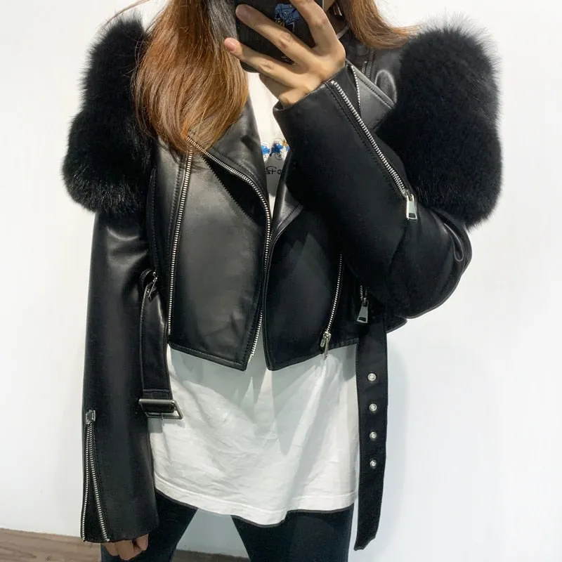 Real Sheep Leather Jacket with Fur Sleeve Lambskin