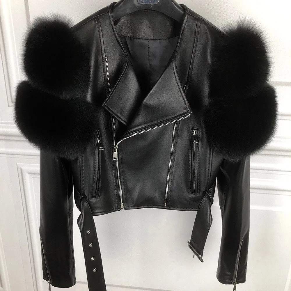 Real Sheep Leather Jacket with Fur Sleeve Lambskin