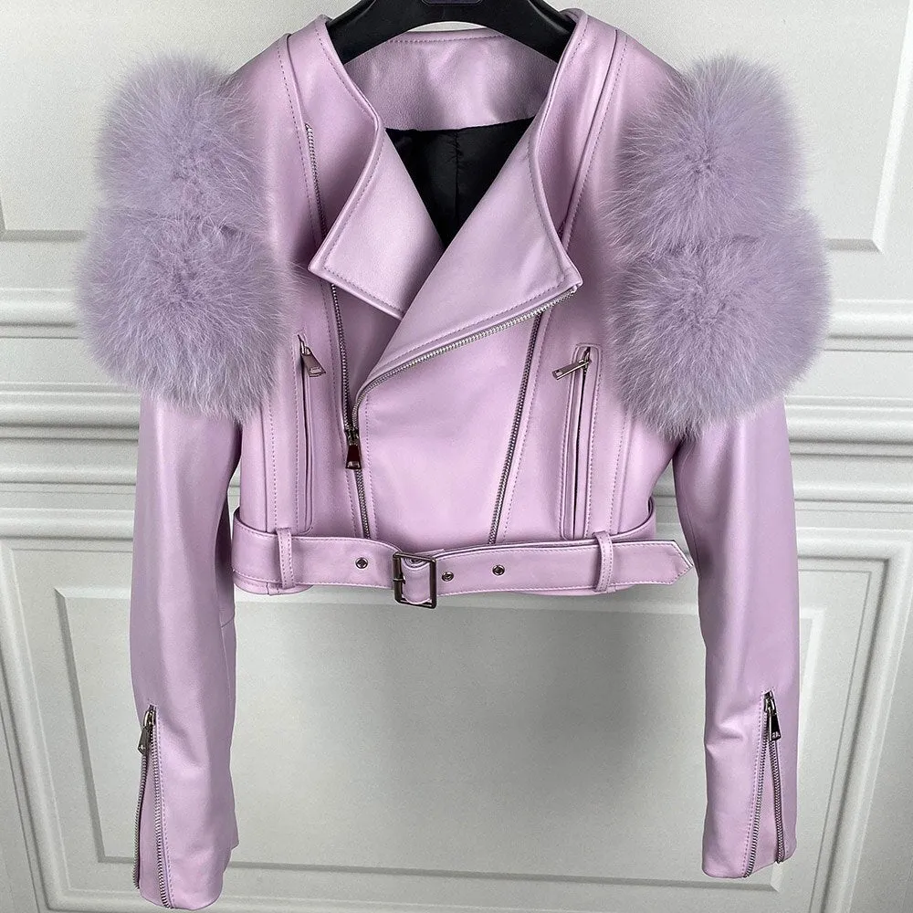 Real Sheep Leather Jacket with Fur Sleeve Lambskin