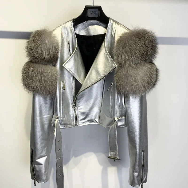 Real Sheep Leather Jacket with Fur Sleeve Lambskin