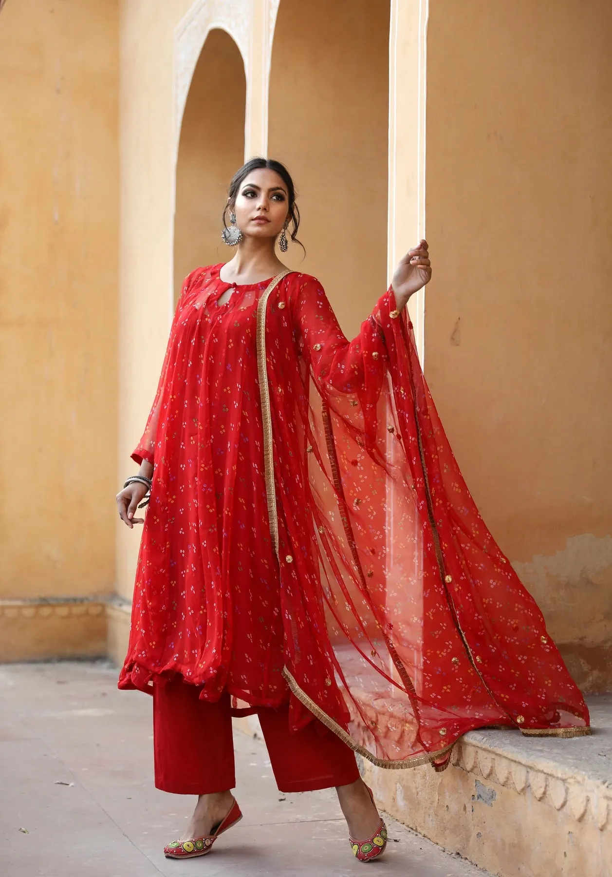 Red Georgette Bandhej Print Kurta Palazzo Set