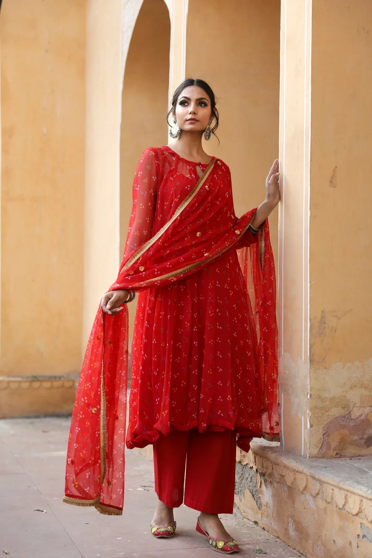 Red Georgette Bandhej Print Kurta Palazzo Set