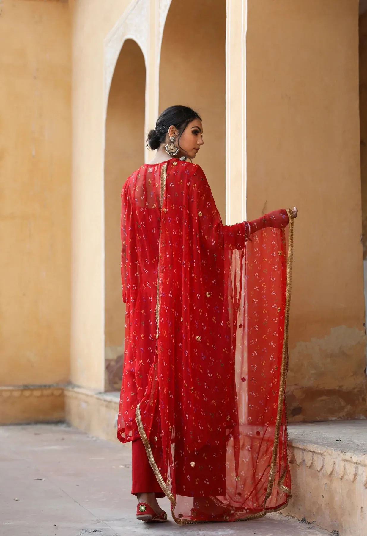 Red Georgette Bandhej Print Kurta Palazzo Set