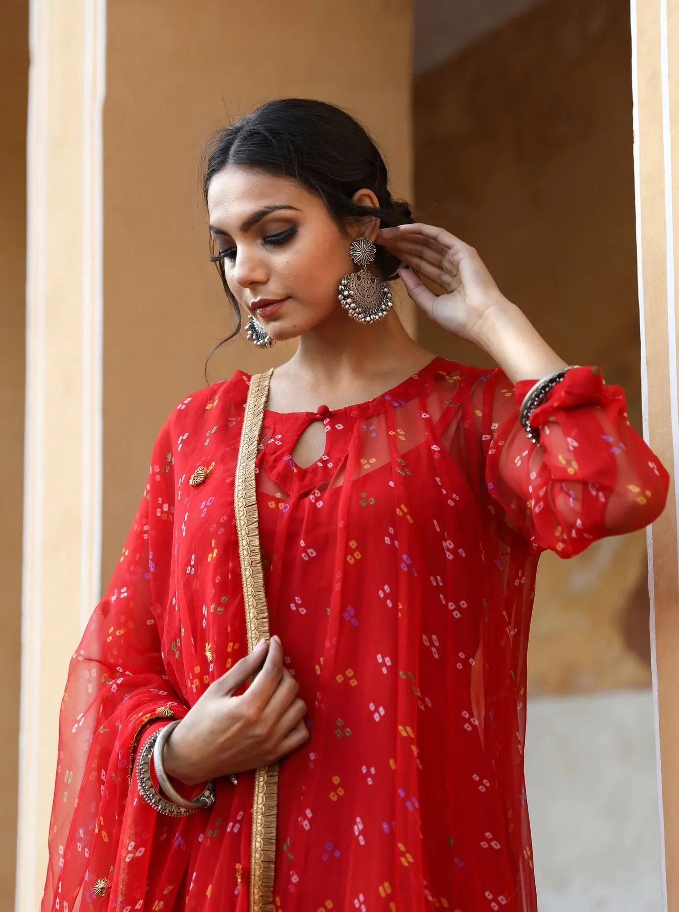 Red Georgette Bandhej Print Kurta Palazzo Set