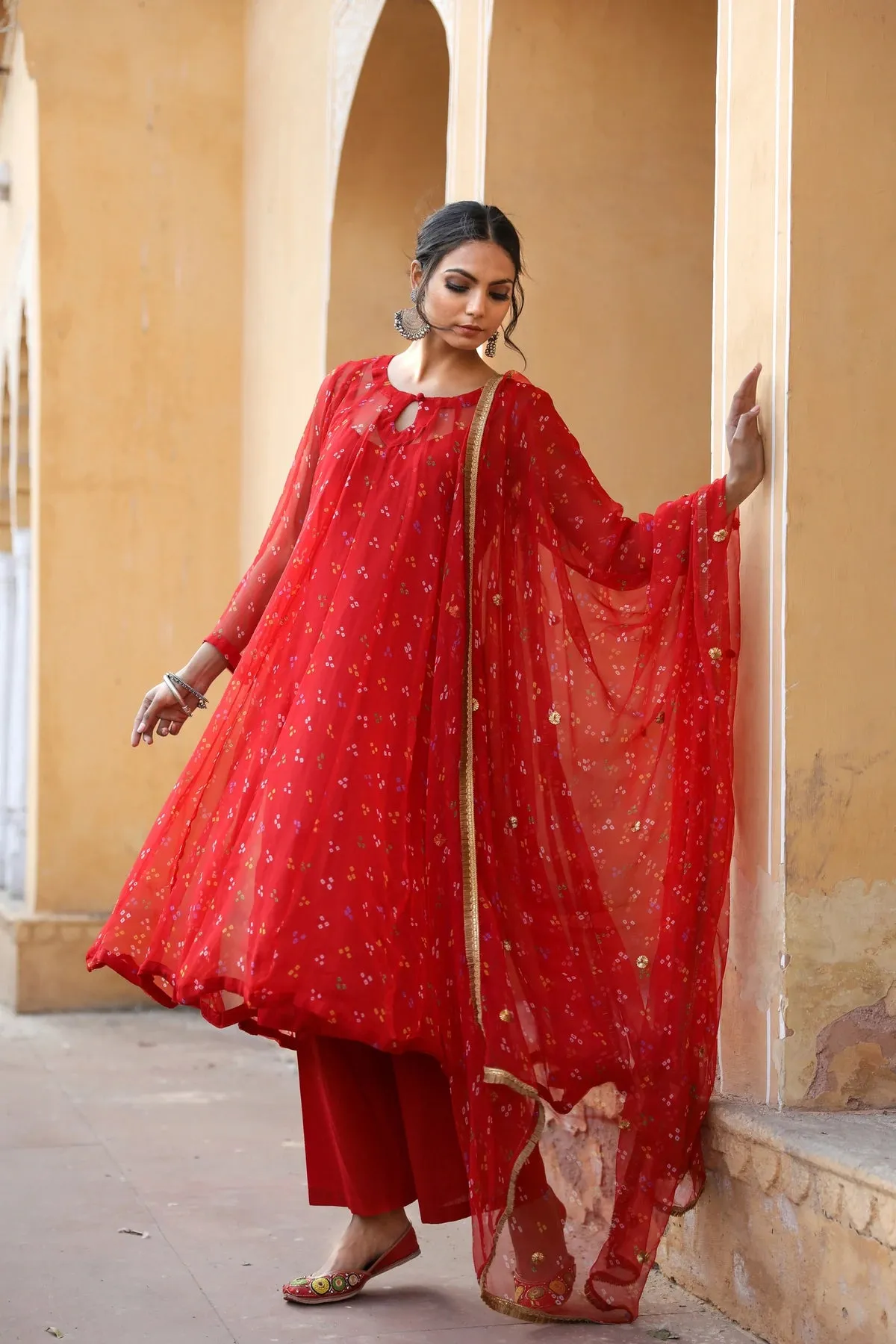 Red Georgette Bandhej Print Kurta Palazzo Set