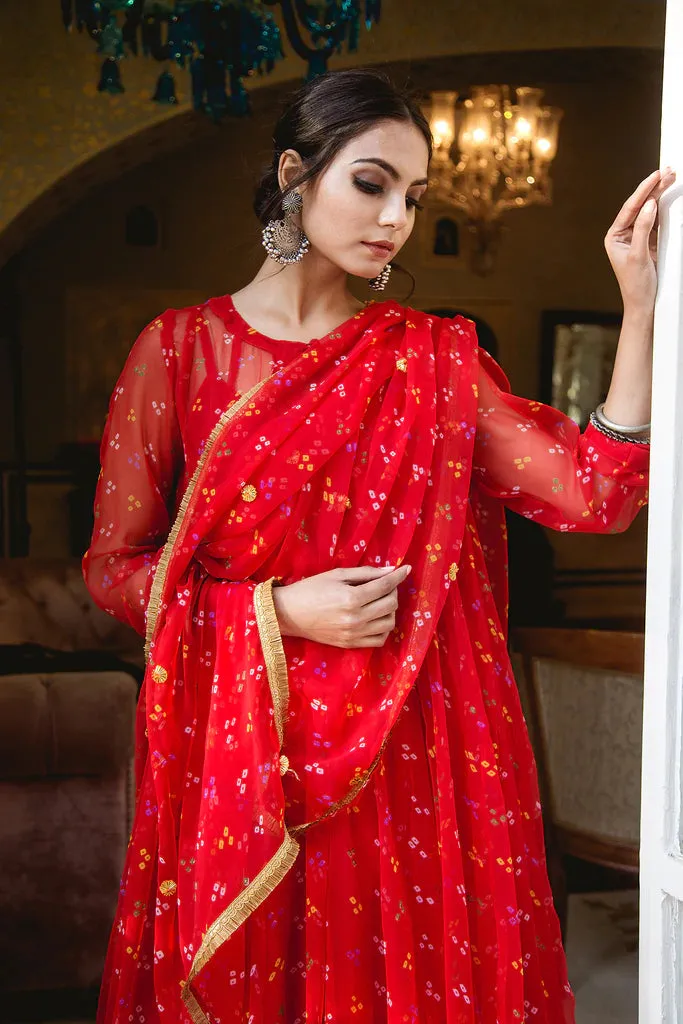 Red Georgette Bandhej Print Kurta Palazzo Set