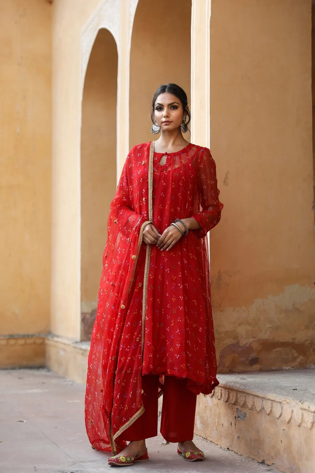 Red Georgette Bandhej Print Kurta Palazzo Set