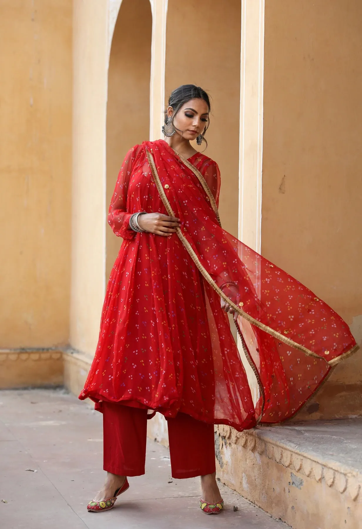 Red Georgette Bandhej Print Kurta Palazzo Set