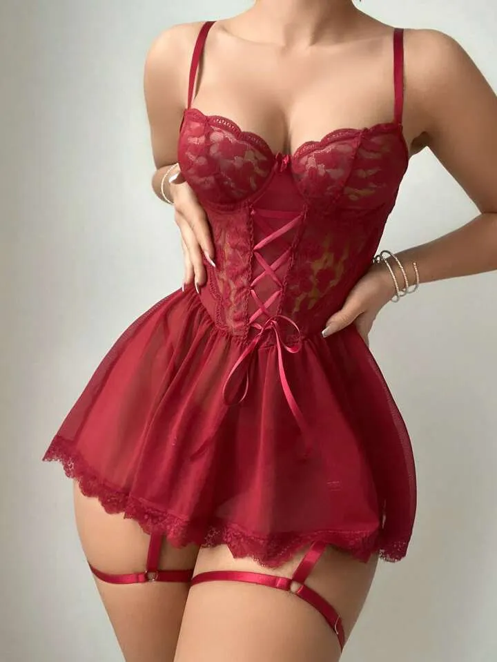 Red Lace Underwire Garter Lingerie Dress