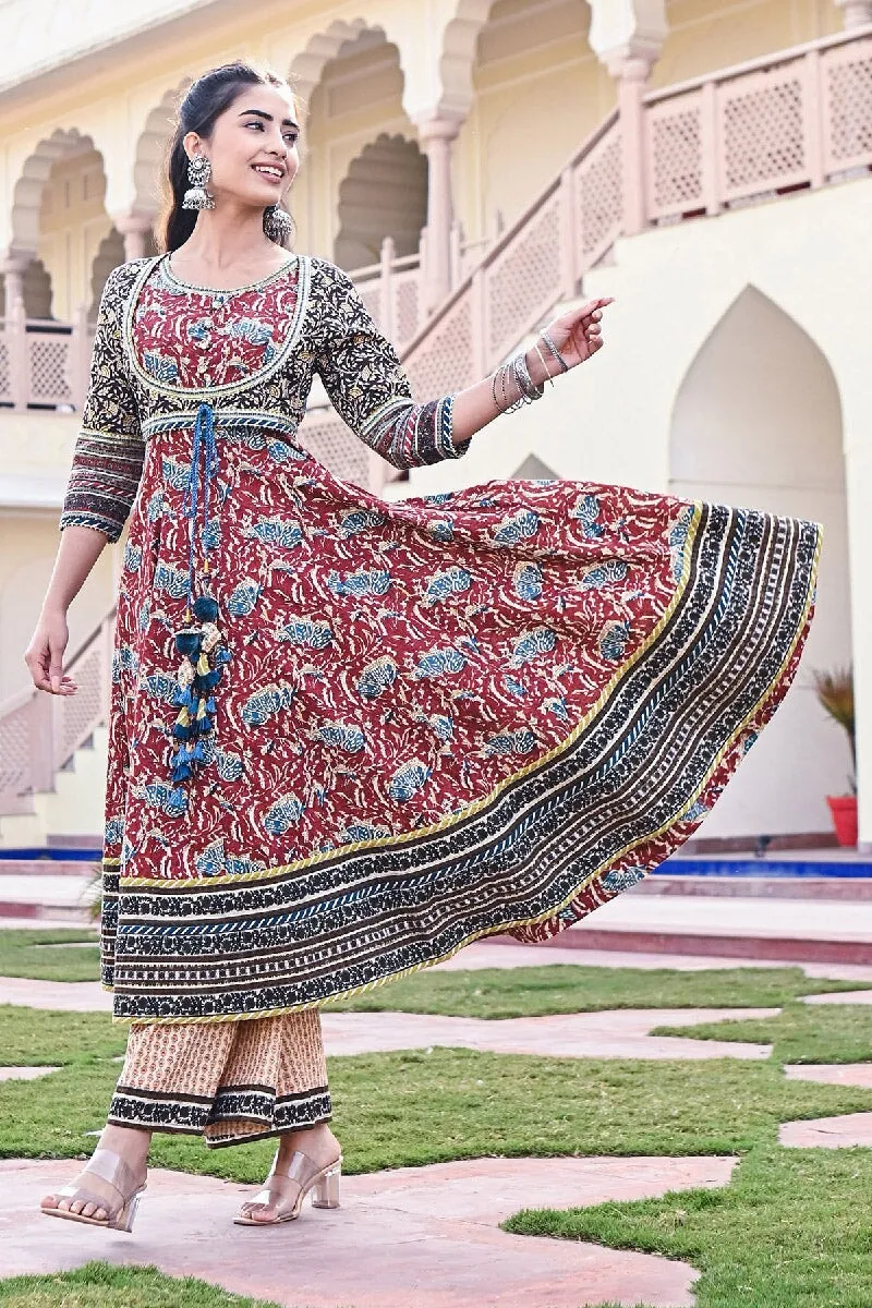 Riwaj Printed Red-Deep Green Embroidered Flared Kurta With Wide Leg Pant & Dupatta