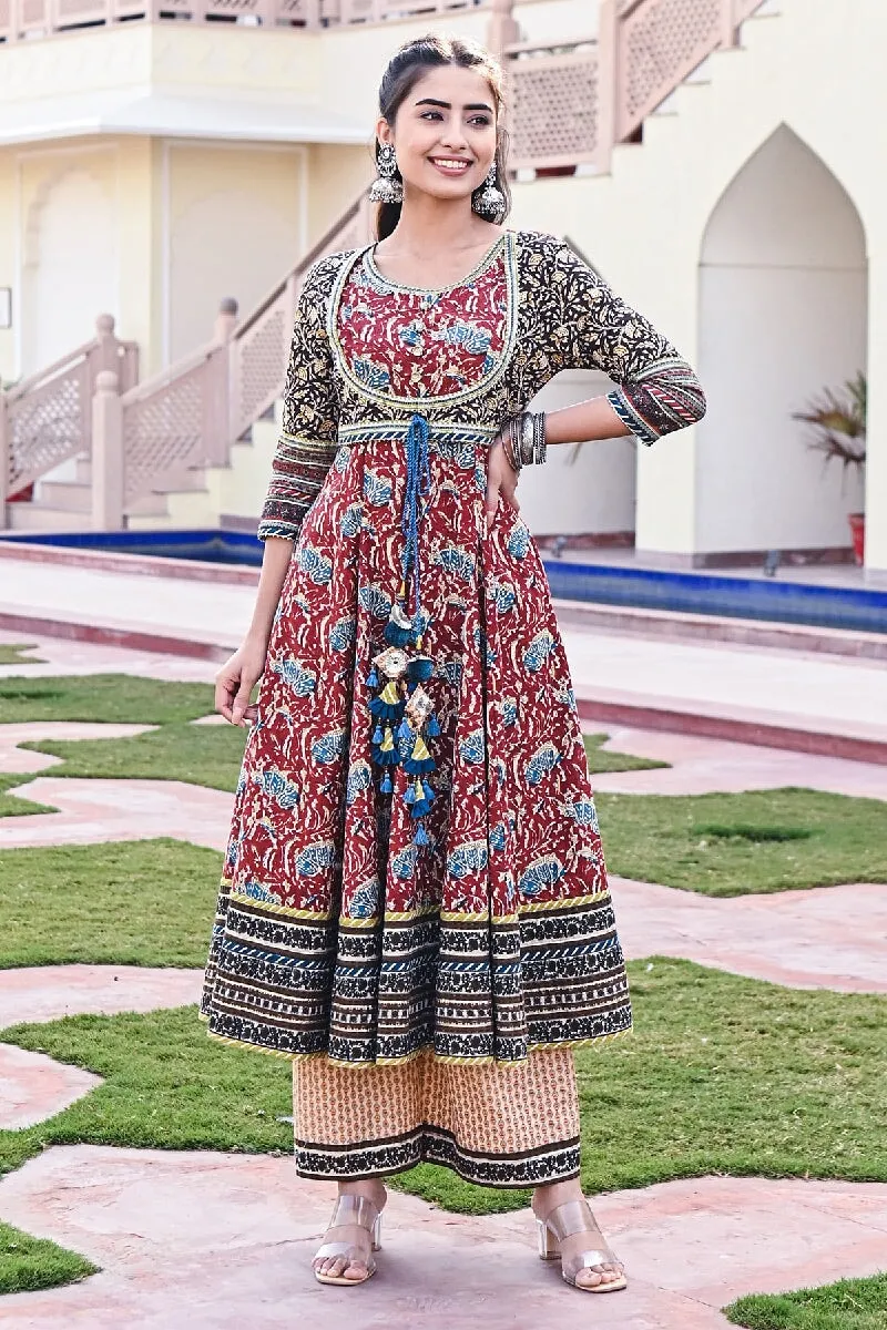 Riwaj Printed Red-Deep Green Embroidered Flared Kurta With Wide Leg Pant & Dupatta