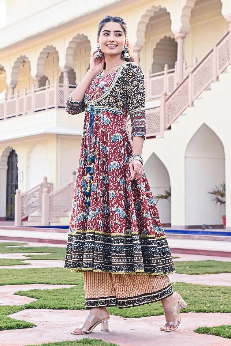 Riwaj Printed Red-Deep Green Embroidered Flared Kurta With Wide Leg Pant & Dupatta