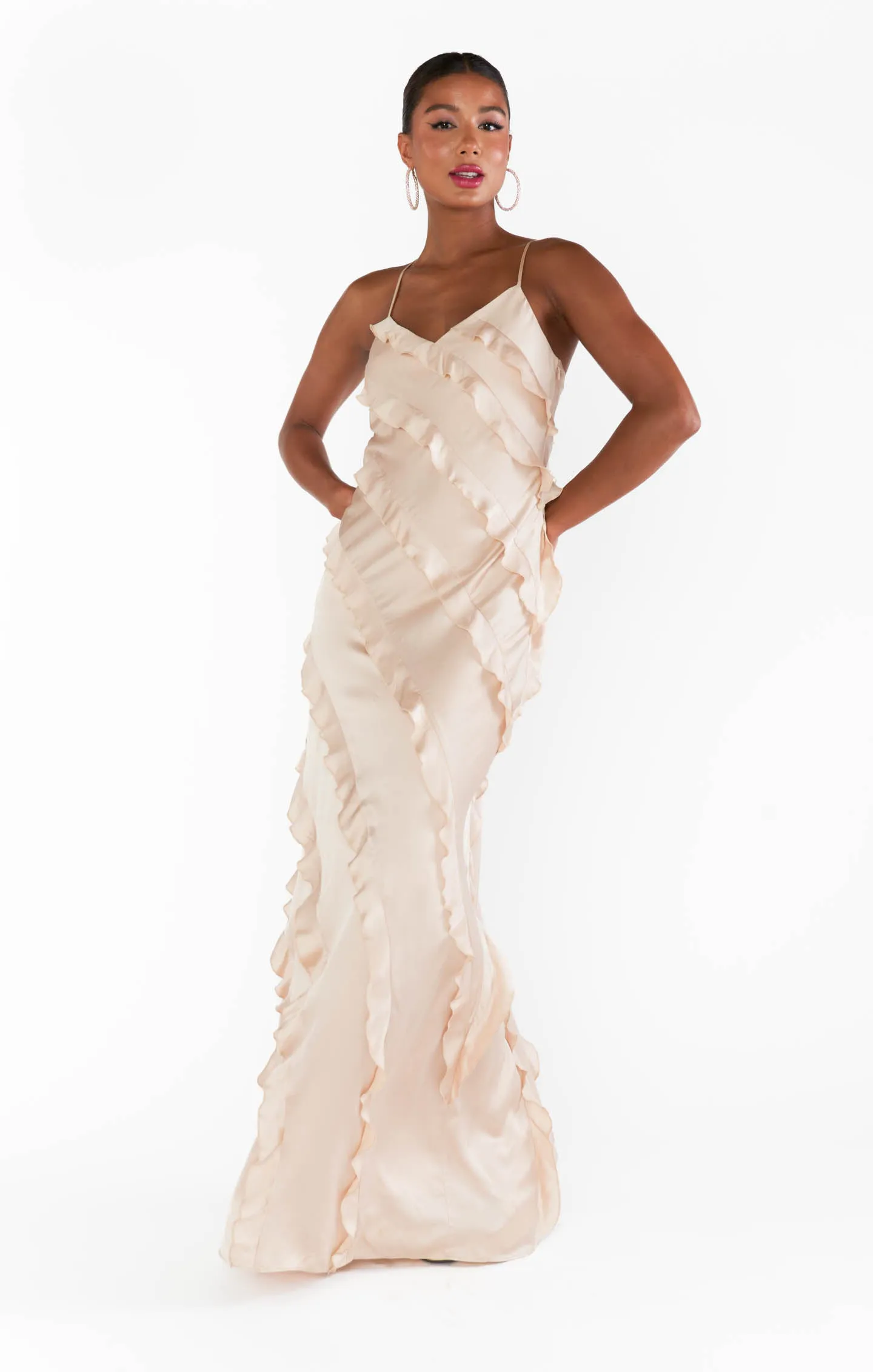 Romance Ruffle Dress ~ Champagne Luxe Satin