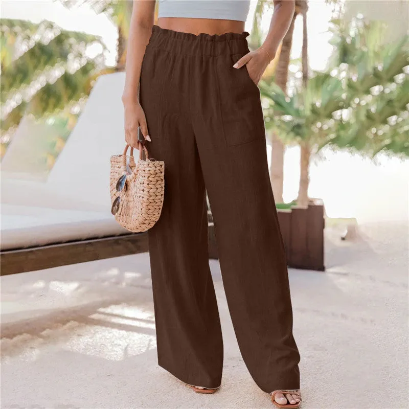 Ruffled Patch Pocket Mid Waist Wide Leg Pants (6 colors)