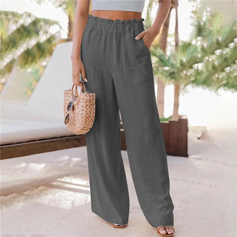 Ruffled Patch Pocket Mid Waist Wide Leg Pants (6 colors)