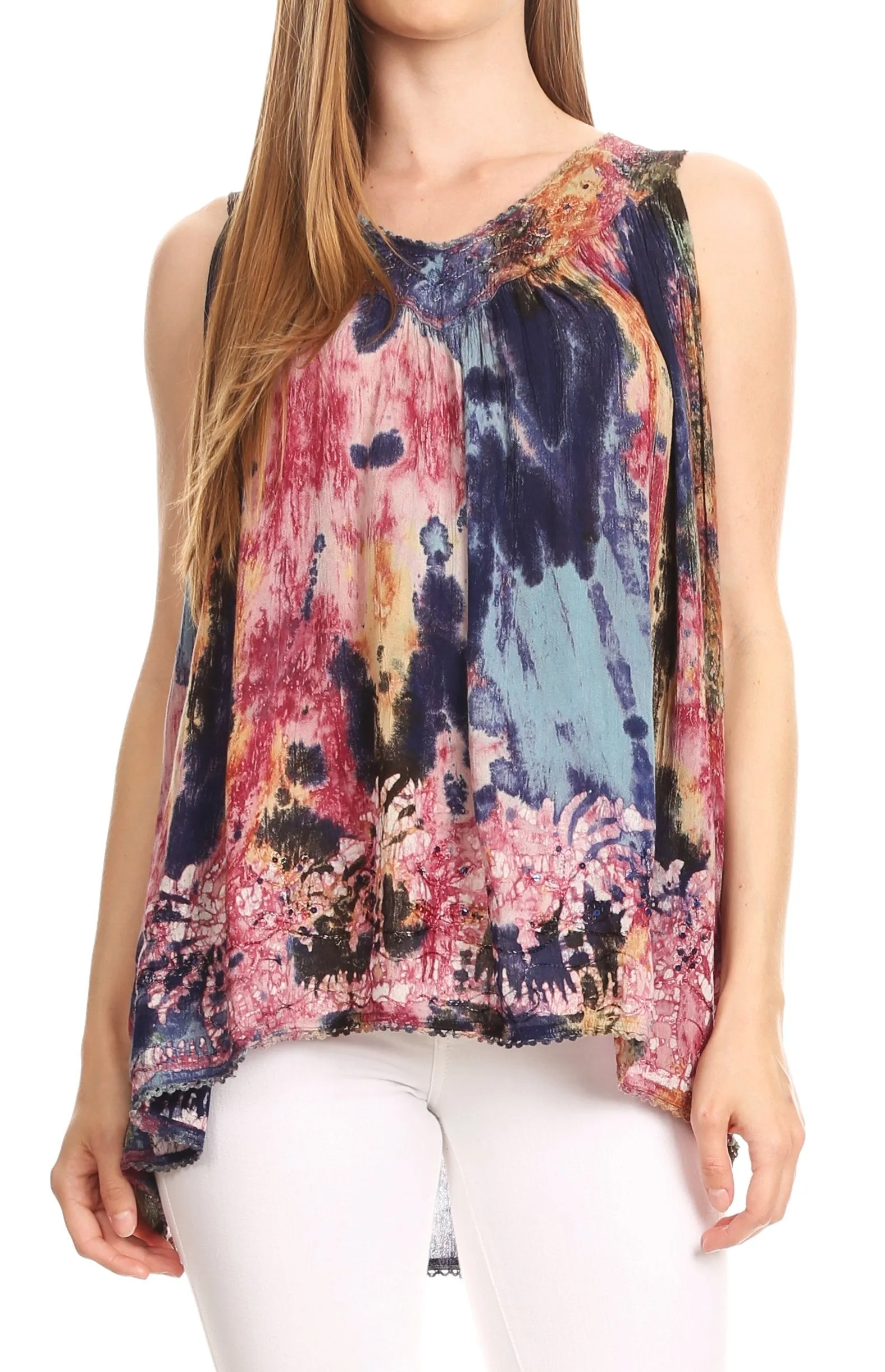 Sakkas Thea Watercolor Palm Tank with Sequins and Embroidery