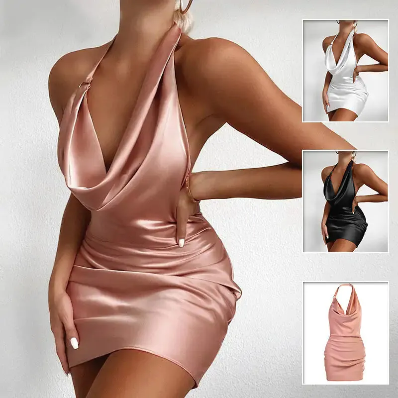 Satin Dress V Neck Backless Mini Sleeveless Dress^