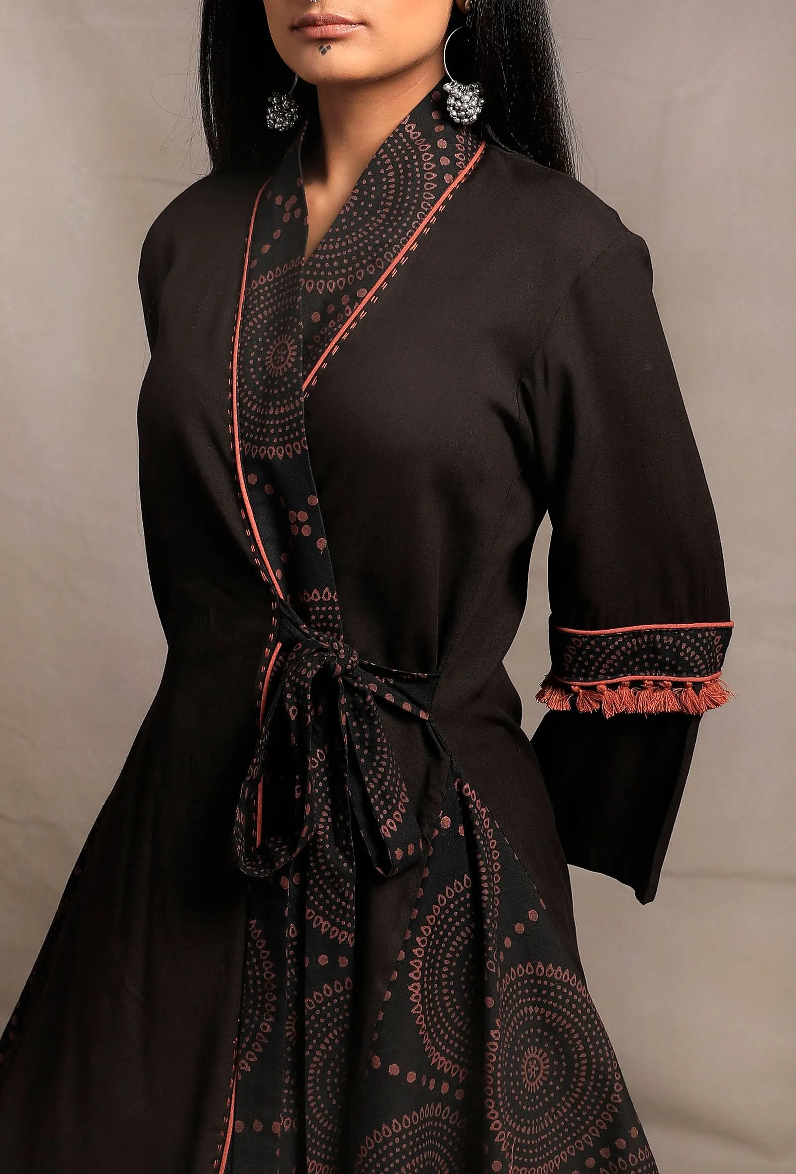 Set of 2: Black Asymmetrical Front Tie Robe with Black palazzo Pants