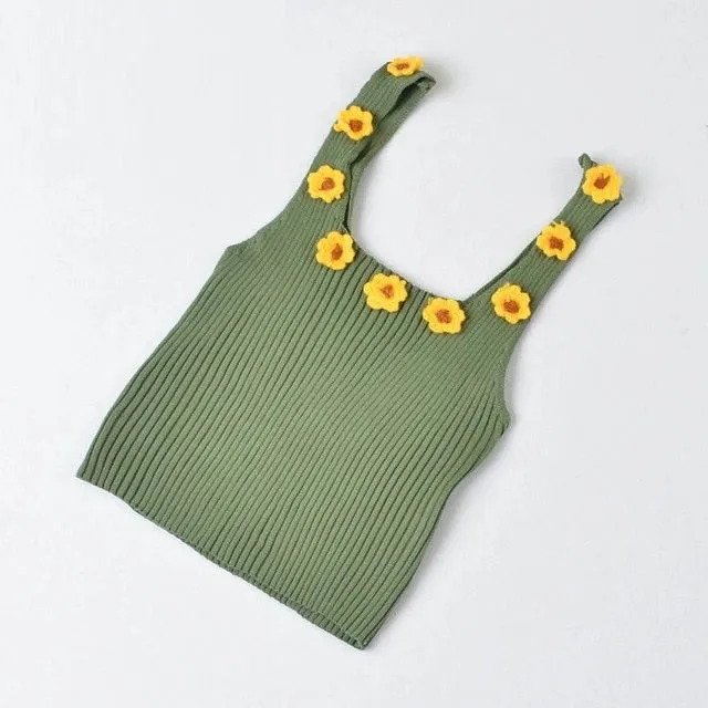 Sexy Flower Knitted Vest Solid Color Slim Square Collar Casual Sleeveless