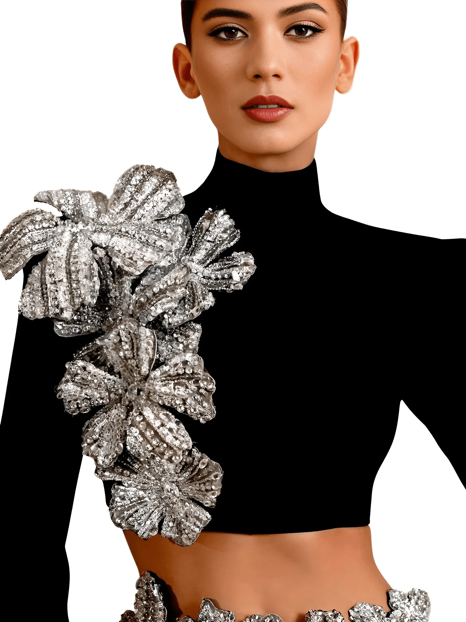 Sexy Long Sleeve Bandage Sets Women 2Pcs Turtleneck Shiny Diamonds Flower Top   Bodycon Mini Skirt Suits Evening Party Set