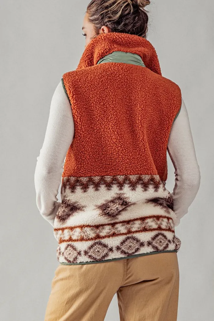 Sherpa Fleece Tribal Print High Neck Vest